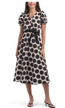LUNA ALLEGRA V Neck Puff Sleeve Polka Dot Midi Dress Black White Sz S